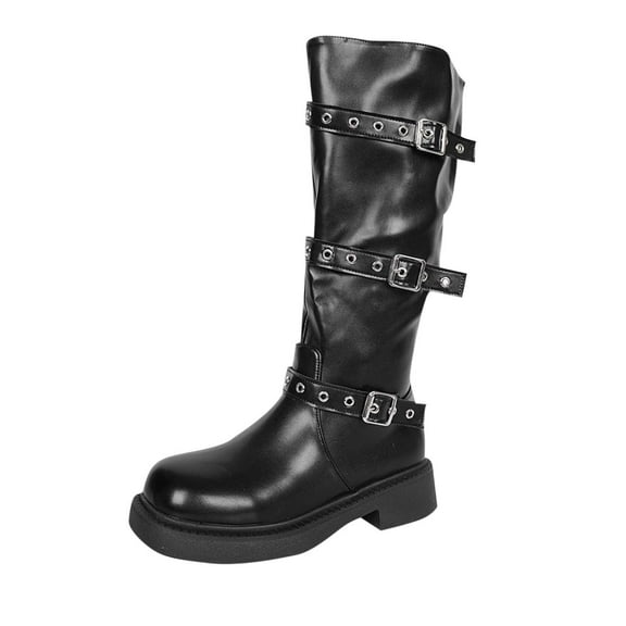 Fashion Casual Boots Thick Heel Metal Buckle Long Tube Versatile Women's Footwear Fall Winter Outdoor Comfort Black,36