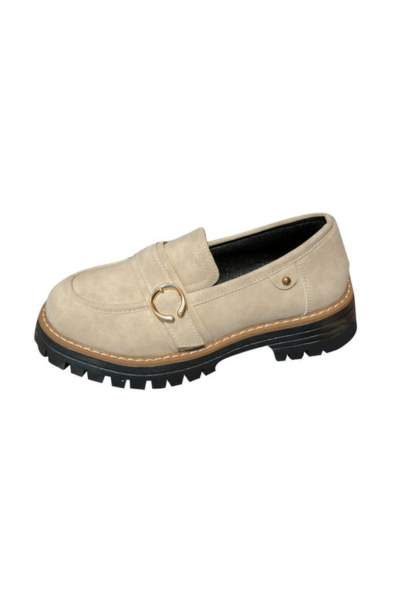 Fashion Casual Buckle Thick Bottom Loafers Comfortable Low Top Shoes British Style Slip-On Footwear for Daily Wear Beige,36