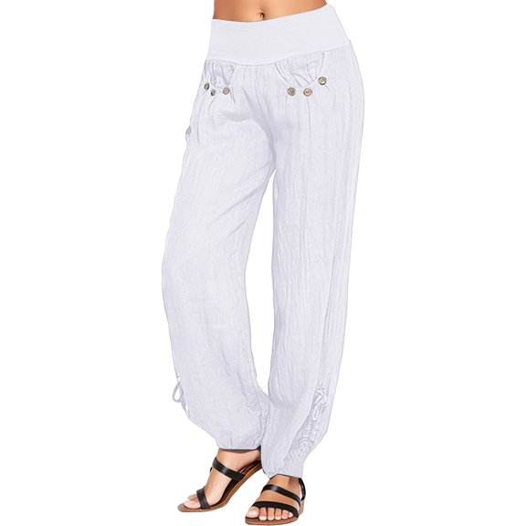 Fashion Casual Buttons Solid Women Cotton Pants Leg And Trouser Wide Loose Pants