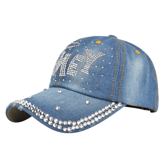 Fashion Casual Denim Retro Point Drill Washed Old Hat Solid Color Baseball Cap Baseball Cap Studded Bling Hat Unisex by Awwp Sky Blue One Size