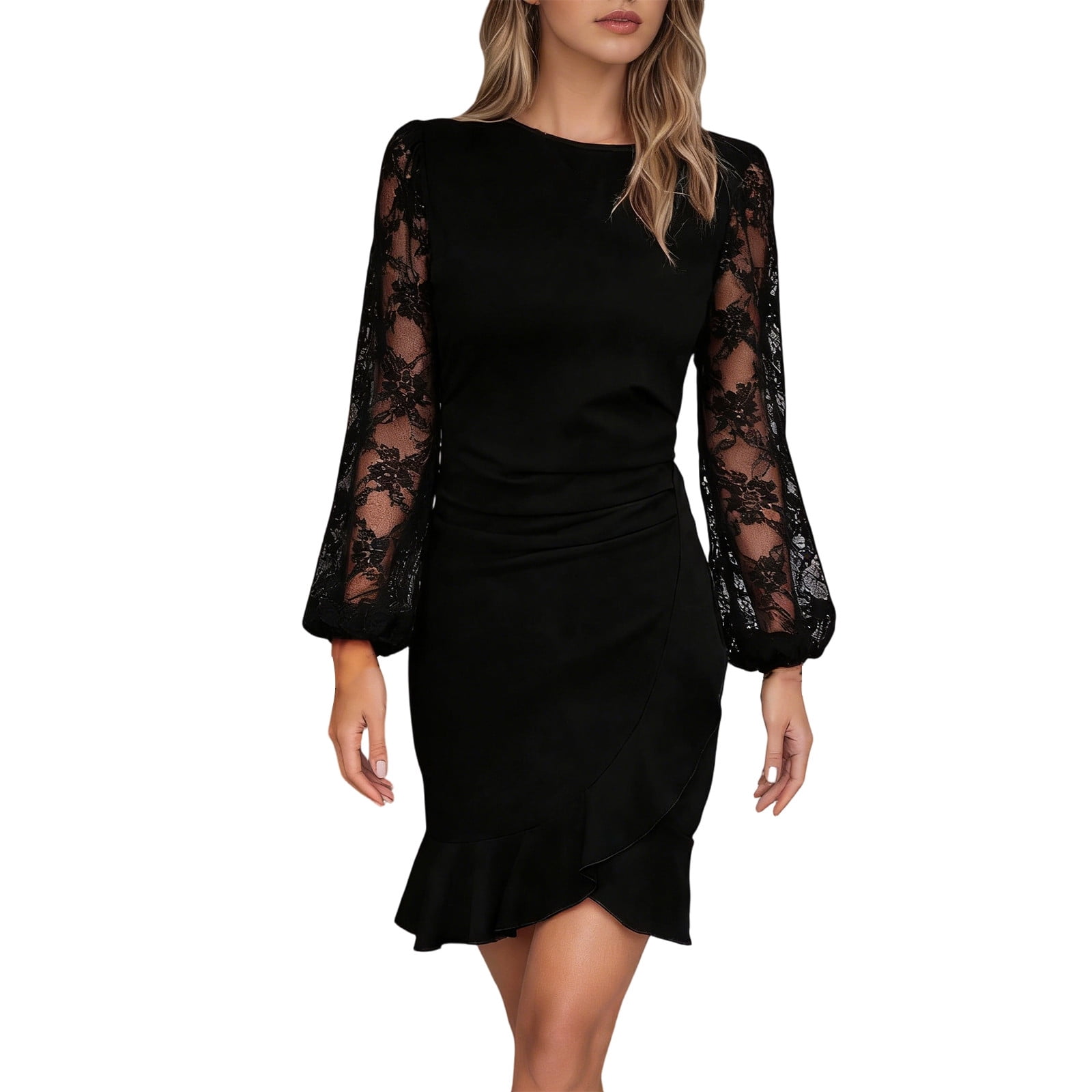 Fashion Casual Elegant Round Neck Lace Puff Sleeve Dress Black S ...