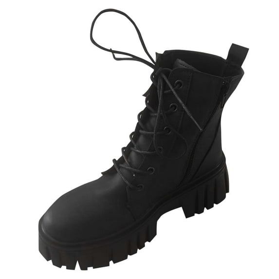 Fashion Casual Lace-Up Zipper Thick-Soled Boots for Women, Trendy Eye-Catching Autumn Winter Footwear, Outdoor Leisure Style Black,36