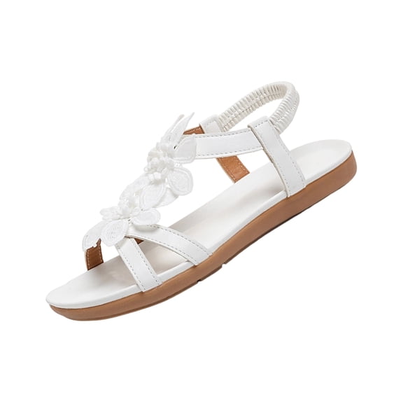 Fashion Casual Ladies Round Toe Flat Sandals Floral Embellished Back Elastic Band Design Spring Summer Daily Versatile Footwear White 5.5(36)