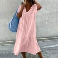 thumbnail image 1 of Fashion Casual Looes V-Neck Short Sleeve Long Dress Solid Pleated Dresses Christmas Plus Size Vintage Dress Cotton Dresses, 1 of 6