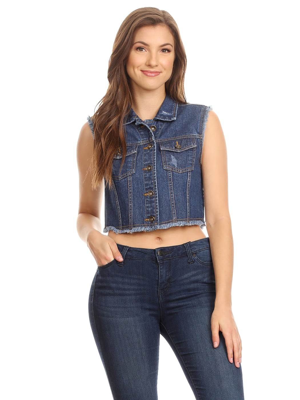 Fashion Casual Loose Womens Top Distressed Denim Button Up Sleeveless — free download