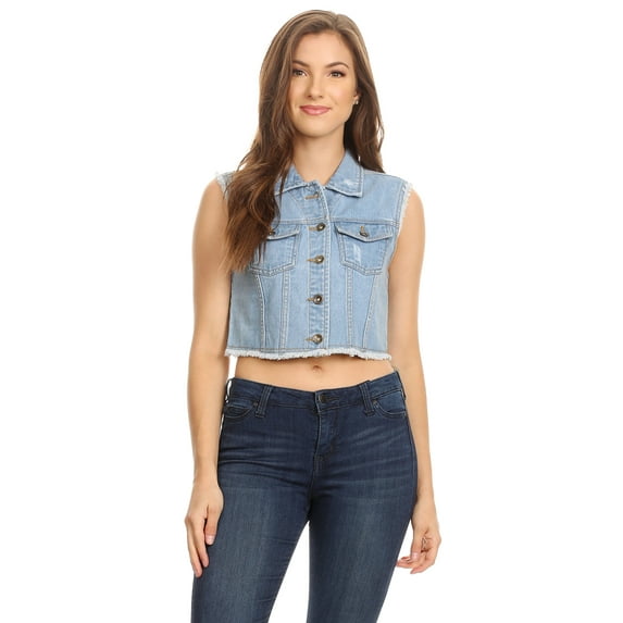 Fashion Casual Loose Womens Top Distressed Denim Button Up Sleeveless Crop Vest 5 Color