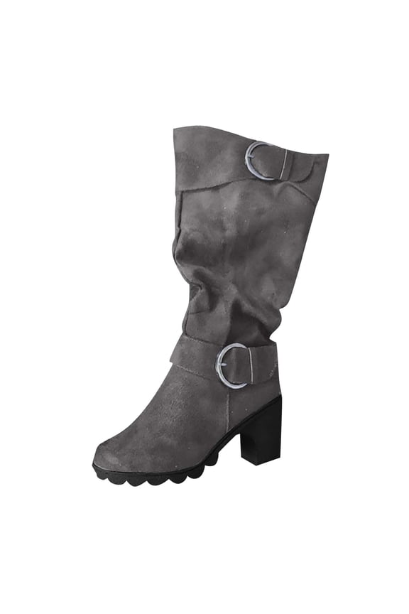 Fashion Casual Mid-Tube Velvet Buckle Thick-Heeled Boots for Women, Trendy Fall Winter Footwear, Stylish and Versatile for Everyday Wear Gray,41