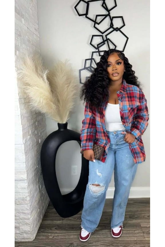 Fashion Casual Multicolor Shirt Jacket (XL, MultiRed)