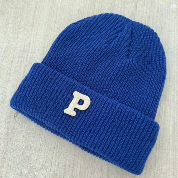 Fashion Casual P-letter Woolen Yarn Men Knitting Cap Hat Cuff Knit Beanie Fleece Warm Knitted Hat Winter Warm BLUE