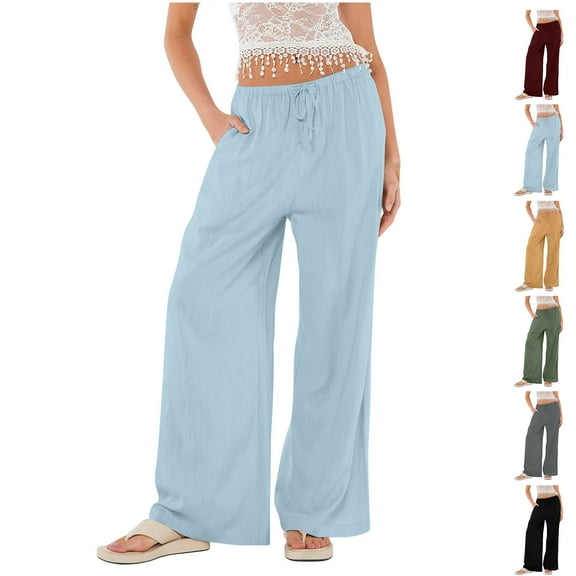 Fashion Casual Pants for Womens High Waist Plus Size Summer Casual Solid Color Linen Wide-legged Pants Bohemian Wind Beach Pants Drawstring Loose Pants Elastic Waist Casual Pants Save to 65% off!