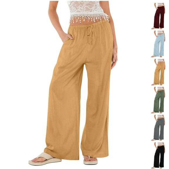 Fashion Casual Pants for Womens High Waist Plus Size Summer Casual Solid Color Linen Wide-legged Pants Bohemian Wind Beach Pants Drawstring Loose Pants Elastic Waist Casual Pants Save to 65% off!