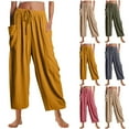 thumbnail image 1 of Fashion Casual Pants for Womens Elastic Waist Plus Size Loose Comfy Drawstring Wide Leg Crop Trousers With Pockets, 1 of 7