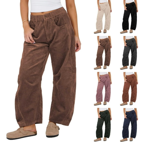 Fashion Casual Pants for Womens High Waist Plus Size Solid Color High-waisted Pocket Casual Pants Corduroy Loose Straight Leg Pants Save to 65% off!