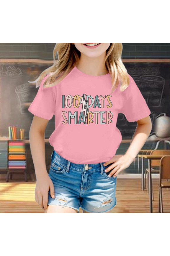 Fashion Casual Print Round Neck Loose Fit Short Sleeve Tee for Girls Comfortable Daily Wear Top T-Shirts Kids Short Sleeve Crewneck Solid Basic Tees Casual Tops