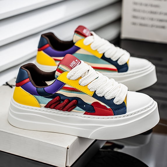 Men's/Women's Color Block Platform Sneakers, Fashion Lace-Up Thick Sole Casual Shoes, Breathable Non-Slip Streetwear Walking Shoes for Daily Wear