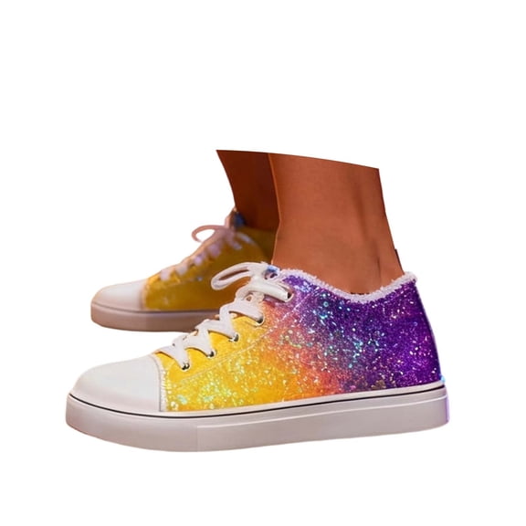 Fashion Casual Sneakers Low Top Flat Shoes With Sparkling Sequins And Lace Up Design For Everyday Comfort Walking