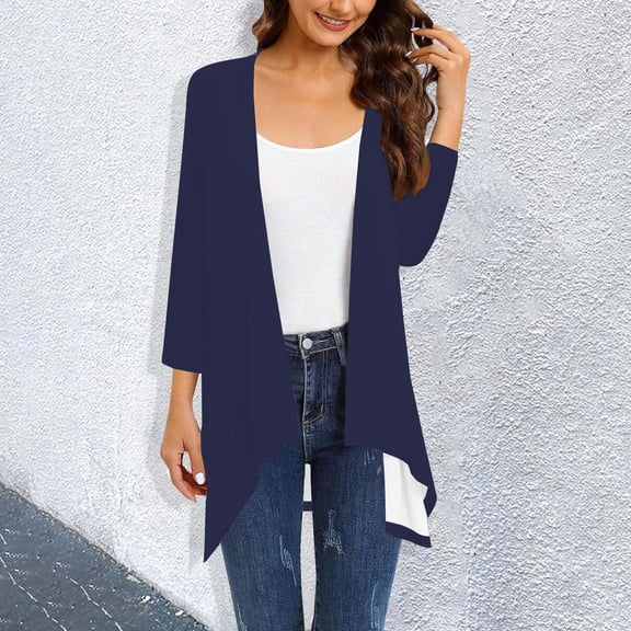 Fashion Casual Solid Color 3/4 Sleeves Cardigan, Blue L, Size S-XXXL