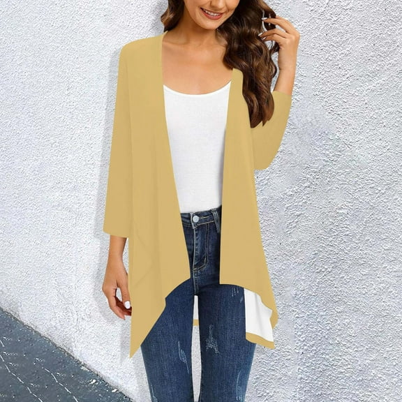 Fashion Casual Solid Color 3/4 Sleeves Cardigan, Yellow M, Size S-XXXL