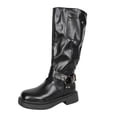 thumbnail image 1 of Fashion Casual Solid Color Metal Buckle Midi High Boots Thick Heel Thick Sole Stylish Footwear for Fall and Winter Outdoor Activities Black,36, 1 of 8