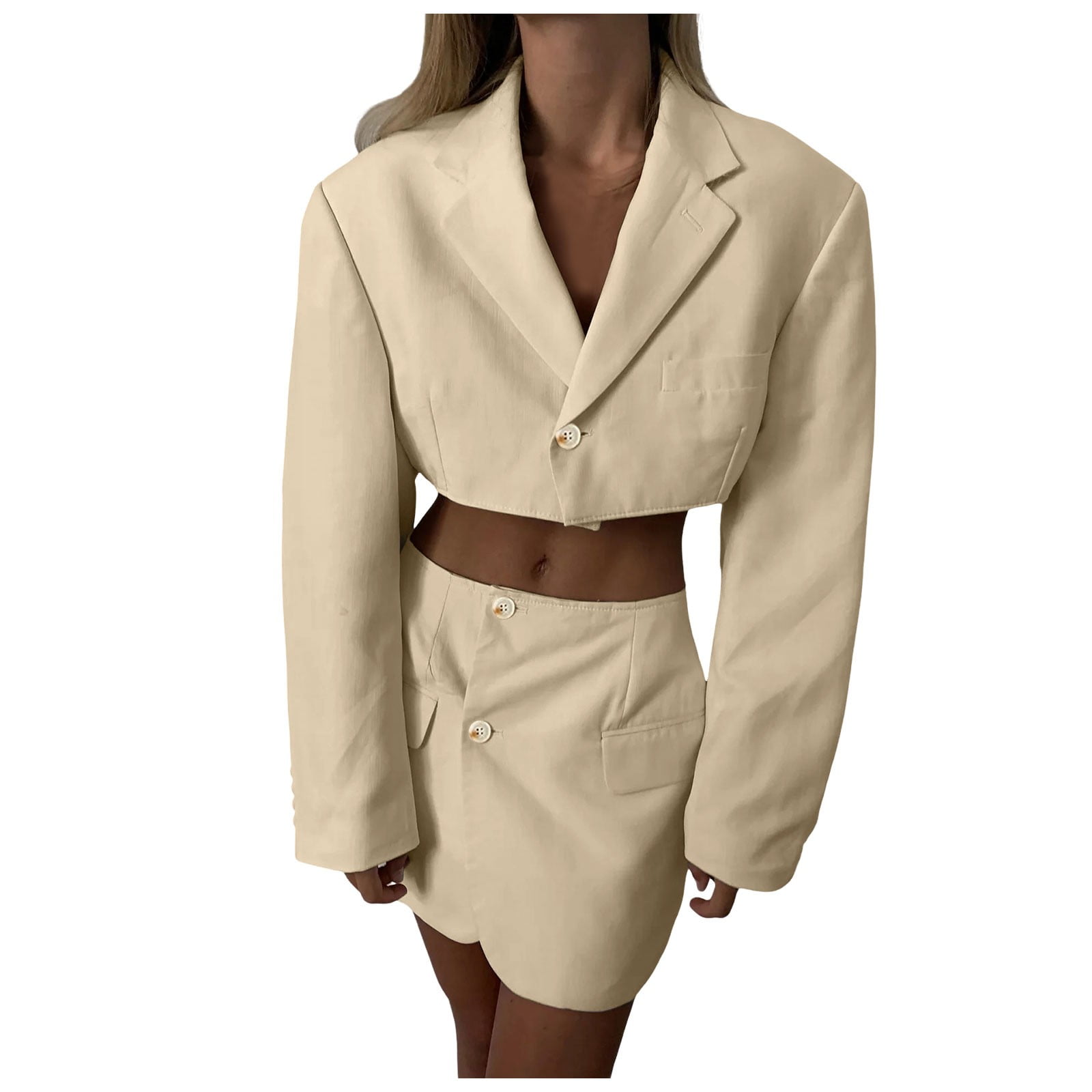 Fashion Casual Suit Short Jacket High Waist Pocket Skirt Suit Khaki S