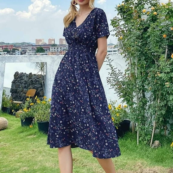 Fashion Casual Summer Women Casual Short Sleeve V-Neck Floral Printed Dresses Dress