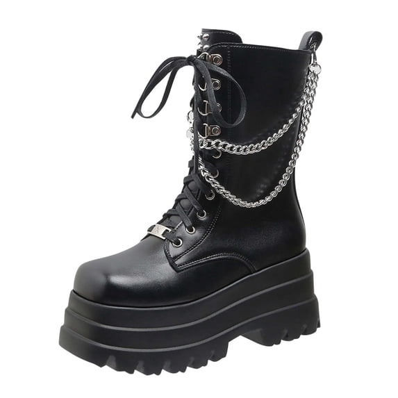 Fashion Casual Thick-Soled Motorcycle Boots with Metal Chain for Women, Trendy Outdoor Footwear for Fall and Winter, Comfortable Fit Black,38