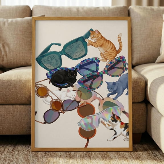 Fashion Cat Sunglasses Trendy Eyewear Funky Pet Collage Aesthetic Dorm Quirky Feline Retro Glasses Poster Unframed Paper Print