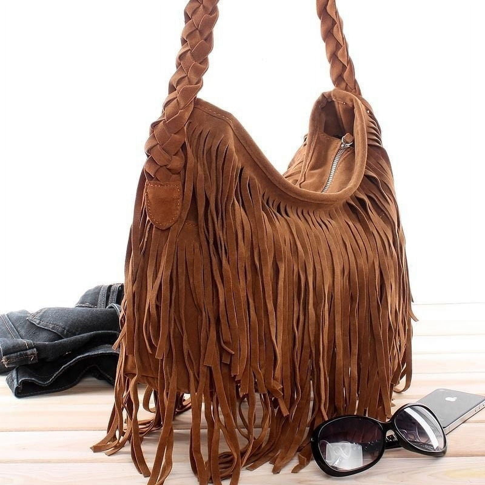 Celebrity Tassel Suede Fringe Shoulder Messenger Handbag, Faux Fur 