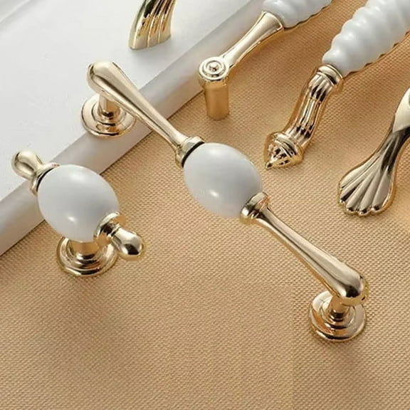 Fashion Ceramic Cabinet Handle Golden Kitchen Cupboard Door Handle European Style White Furniture Handle