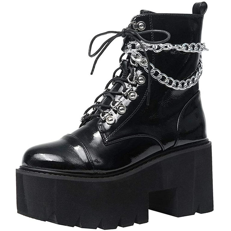 Fashion Chain Goth Platform Boots for Women Lace up Chunky Heeled