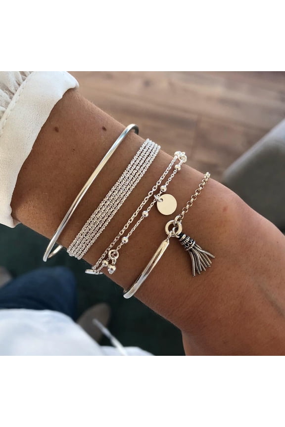 Fashion Charm Women Stainless Steel Lots Style Cuff Open Bracelet Bangle Chain Silver One Size Alloy 4Pc Set