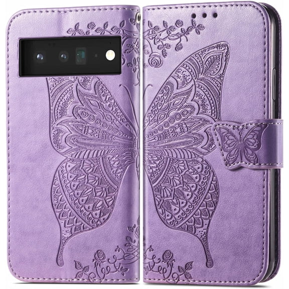 Fashion Charming Butterfly Pattern PU+TPU Phone case with Wallet Card Holder for Google Pixel 3 4 5 6 7 A XL Pro 4G 5G Cover Skin-Friendly Shockproof Bumper(Light Purple,Pixel 3A)