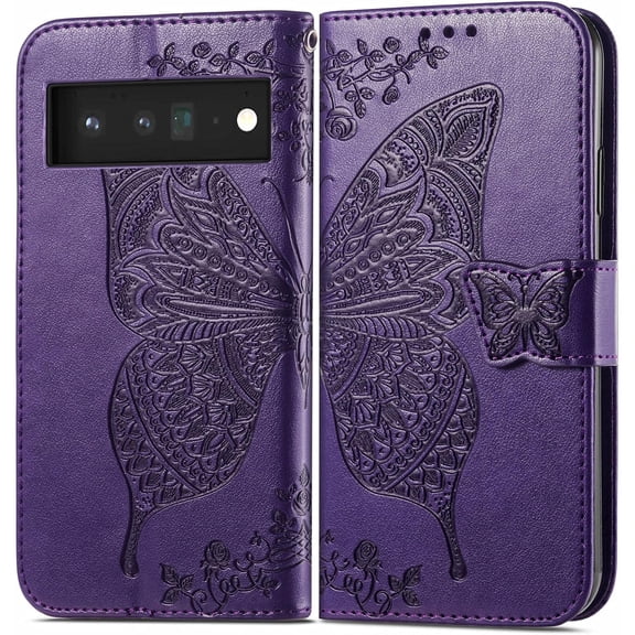 Fashion Charming Butterfly Pattern PU+TPU Phone case with Wallet Card Holder for Google Pixel 3 4 5 6 7 A XL Pro 4G 5G Cover Skin-Friendly Shockproof Bumper(Purple,Pixel 4XL)