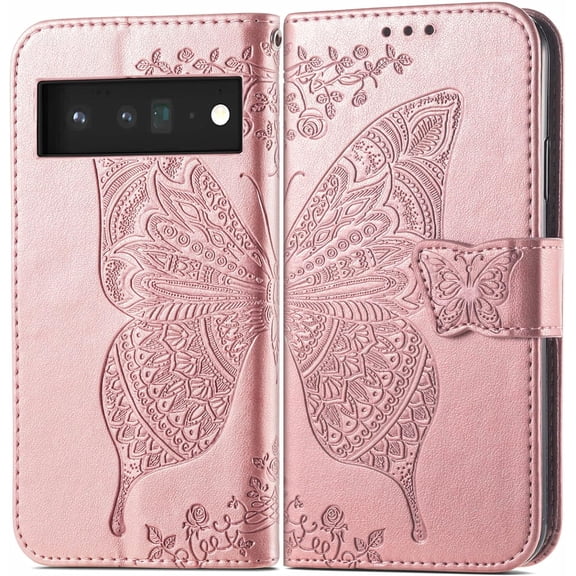 Fashion Charming Butterfly Pattern PU+TPU Phone case with Wallet Card Holder for Google Pixel 3 4 5 6 7 A XL Pro 4G 5G Cover Skin-Friendly Shockproof Bumper(Rose Gold,Pixel 7)
