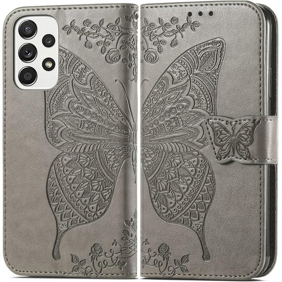 Fashion Charming Butterfly Pattern PU+TPU Phone case with Wallet Card Holder for Samsung Galaxy A12 A13 A14 A22 A32 A42 A52 4G 5G Cover Skin-Friendly Shockproof Bumper(Light Grey,A32 5G)