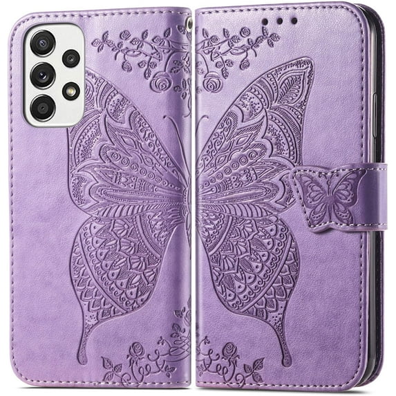 Fashion Charming Butterfly Pattern PU+TPU Phone case with Wallet Card Holder for Samsung Galaxy A12 A13 A14 A22 A32 A42 A52 4G 5G Cover Skin-Friendly Shockproof Bumper(Light Purple,A14 5G)