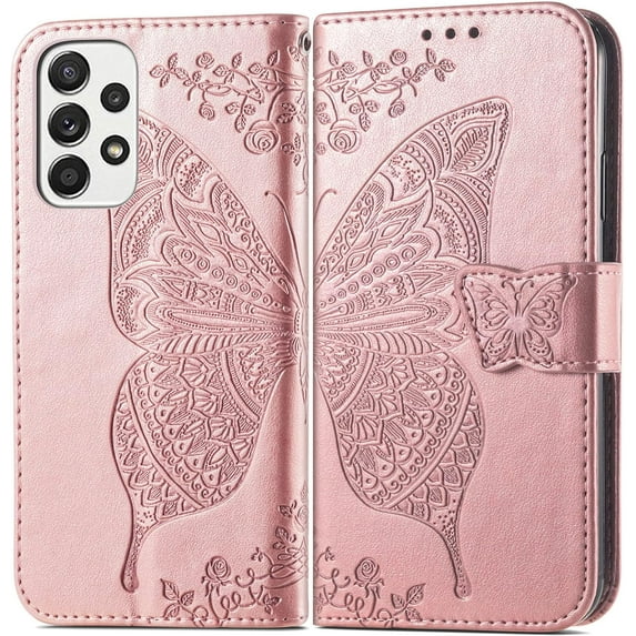 Fashion Charming Butterfly Pattern PU+TPU Phone case with Wallet Card Holder for Samsung Galaxy A23 A33 A53 A54 A72 A73 A82 A04 S E 4G 5G Cover Skin-Friendly Shockproof Bumper(Rose Gold,A04)