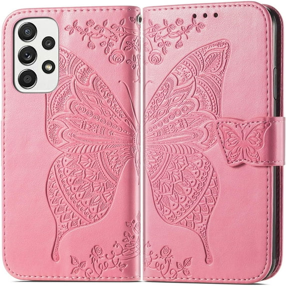 Fashion Charming Butterfly Pattern PU+TPU Phone case with Wallet Card Holder for Samsung Galaxy A23 A33 A53 A54 A72 A73 A82 A04 S E 4G 5G Cover Skin-Friendly Shockproof Bumper(Pink,A04S)