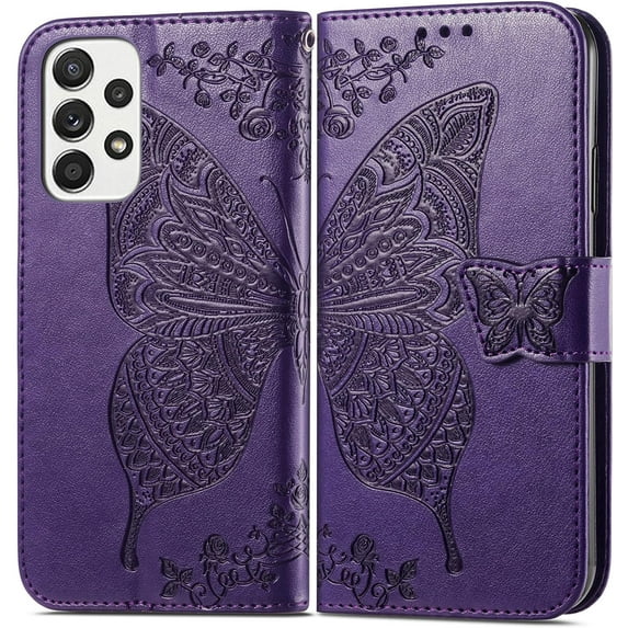 Fashion Charming Butterfly Pattern PU+TPU Phone case with Wallet Card Holder for Samsung Galaxy A23 A33 A53 A54 A72 A73 A82 A04 S E 4G 5G Cover Skin-Friendly Shockproof Bumper(Purple,A54 5G)