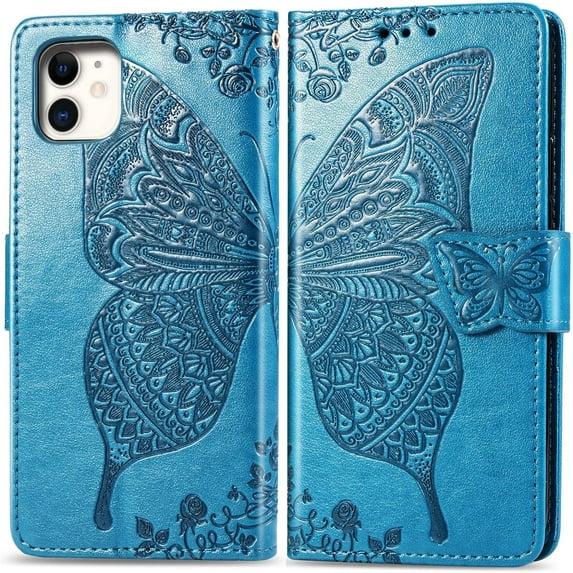Fashion Charming Butterfly Pattern PU+TPU Phone case with Wallet Card Holder for iPhone 14 13 12 11 8 7 6 S X XS XR Plus Pro Max Mini SE Cover Skin-Friendly Shockproof Bumper(Blue,13)