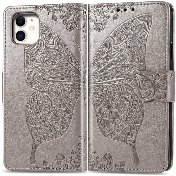 Fashion Charming Butterfly Pattern PU+TPU Phone case with Wallet Card Holder for iPhone 14 13 12 11 8 7 6 S X XS XR Plus Pro Max Mini SE Cover Skin-Friendly Shockproof Bumper(Light Grey,11)