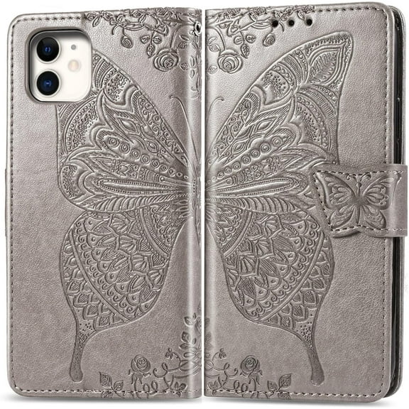 Fashion Charming Butterfly Pattern PU+TPU Phone case with Wallet Card Holder for iPhone 14 13 12 11 8 7 6 S X XS XR Plus Pro Max Mini SE Cover Skin-Friendly Shockproof Bumper(Light Grey,XR)
