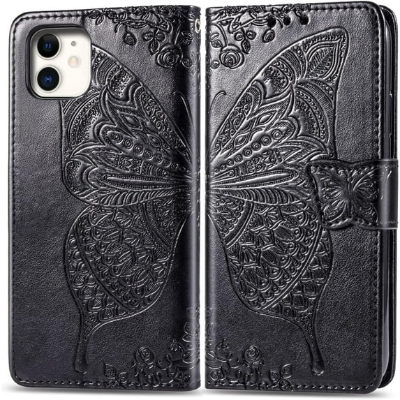 Fashion Charming Butterfly Pattern PU+TPU Phone case with Wallet Card Holder for iPhone 14 13 12 11 8 7 6 S X XS XR Plus Pro Max Mini SE Cover Skin-Friendly Shockproof Bumper(Black,SE 2)