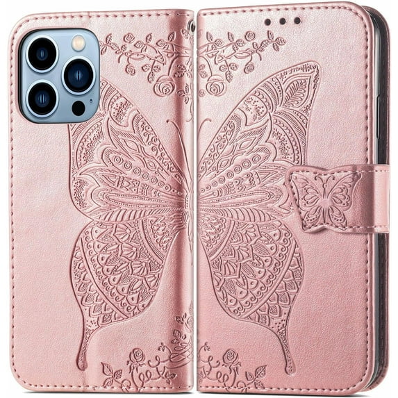Fashion Charming Butterfly pattern PU+TPU Phone case With Wallet Card Holder For iPhone 14 13 12 11 8 7 6 S X XS XR Plus Pro Max Mini SE Cover Skin-friendly Shockproof Bumper(Rose Gold,14 Pro max)