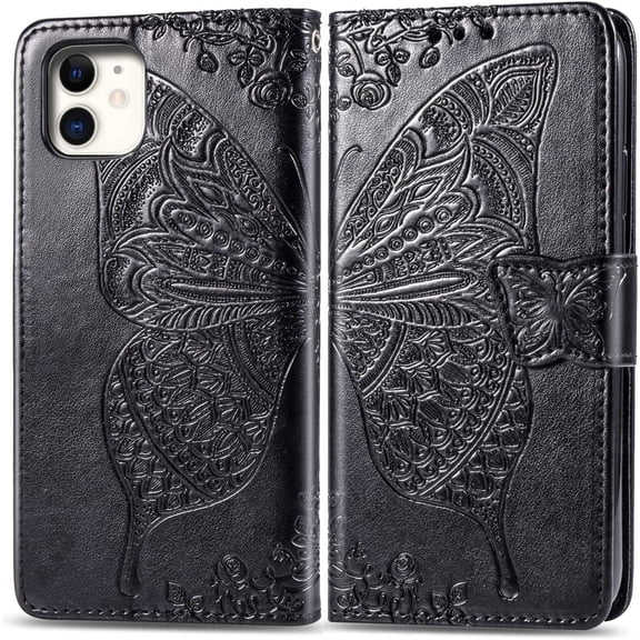 Fashion Charming Butterfly pattern PU+TPU Phone case With Wallet Card Holder For iPhone 14 13 12 11 8 7 6 S X XS XR Plus Pro Max Mini SE Cover Skin-friendly Shockproof Bumper(Black,11 Pro max)