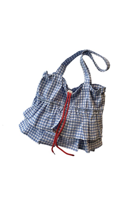 Fashion Checker Print Commuters Bag Practical Canvas Shoulder Purse Ruffle