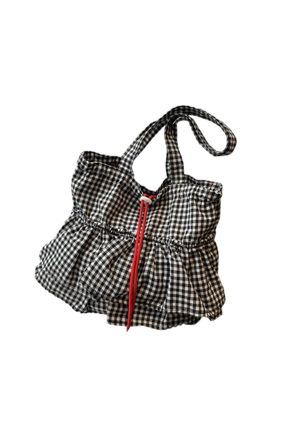 Fashion Checker Print Commuters Bag Practical Canvas Shoulder Purse Ruffle