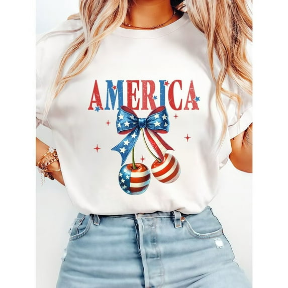 Fashion Cherry & Bow Graphic Tees "AMERICA" Patriotic Print T Shirts Short Sleeve Casual Pattern Tops for Daily Outfits White,4XL