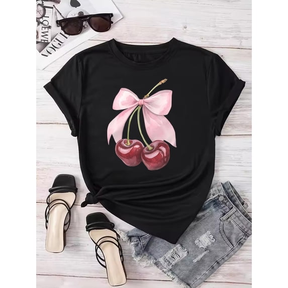 Fashion Cherry Print Women T-Shirt Short Sleeve Crew Neck Casual Tops for Summer Spring Women's Clothing Tops Tees