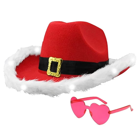 Fashion Christmas Cowboy Hats LED Santa Hat Western Cowgirl Cap Women Girl Cosplay New Year Party Decoration